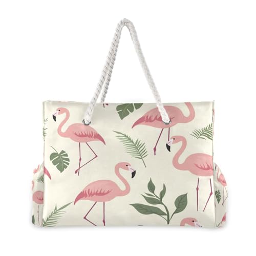 Beach Bag - Large Tote Bags for Women Flamingo Palm Leaves Pattern Shoulder Bags Zipper Waterproof Sandproof for Travel Gym Swim Daily2