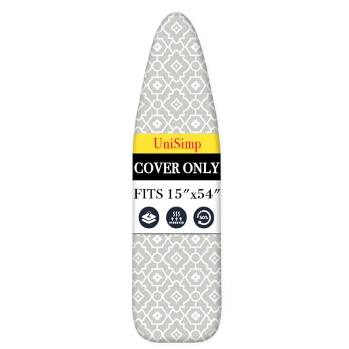 UniSimp Ironing Board Cover and Pad 15'x54' Extra Thick Natural Cotton, Scorch and Stain Resistant Padding, Standard Size Iron Board Cover with Fasteners Heavy Duty Elastic Edge, Heatproof Geometric