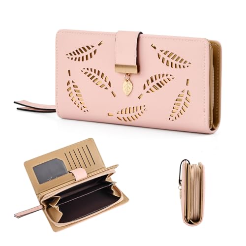Carteras de Mujer Cuero PU Grande, Monedero Largo con Colgante de Hoja, Monedero Mujer Tarjetero para Tarjetas de Crédito con Cremallera, Bolsillo Monederos y 11 Ranuras para Tarjetas (Rosa)