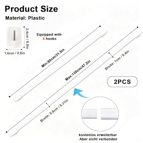 Image of HASTHIP 2Pcs Telescopic Curtain Rod, Adjustable 80-120cm Shower Curtain Rods Without Drilling with Self-Adhesive Brackets and 6 Hooks, No-Drill Wall Mount Expandable Rod for Kitchen, Entryway