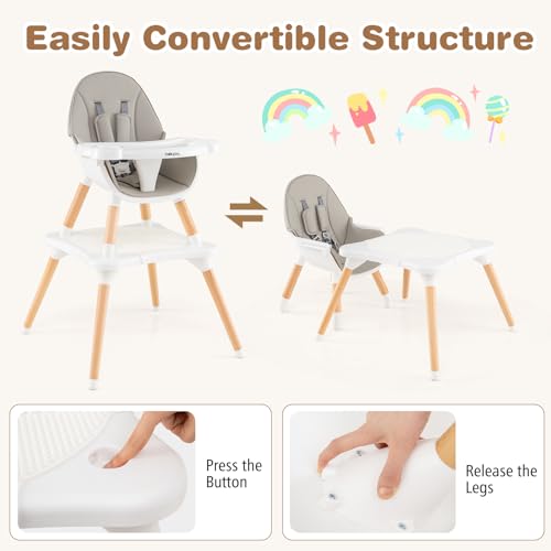 Image of BABY JOY 6 in 1 High Chair, Convertible High Chairs for Babies and Toddlers /Booster Seat /Table and Chair Set, Infant Wooden Highchair w / 5-Point Harness, 4-Position Removable Tray & PU Cushion (Gray)