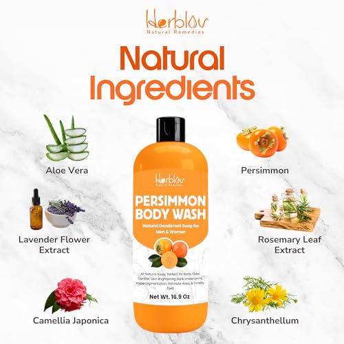 Persimmon Body Wash for Body Odor Control – Purifying Deodorizing Soap for Eliminating Odor – Underarms, Intimate Inner Thigh, Bikini Area, Smelly Feet – Natural Deodorant Soap, Kids Safe