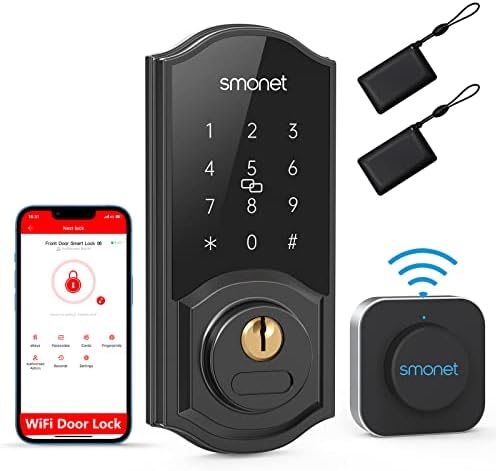 WiFi Door Lock Set, SMONET Remote Control Smart Deadbolt, Digital Electronic Keyless Entry Locks Bluetooth Touchscreen Auto Lock with WiFi Hub, Work with Alexa,APP,Code,Key for Front Door,Black