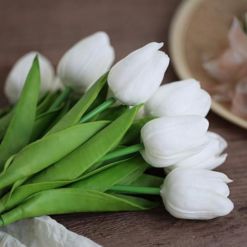 Image of 20 PCS Tulips Artificial Flowers, Real Touch Fake Flowers, White Artificial Tulips That Look Real Wedding Decorations Mother's Day Easter Gifts (20, White)