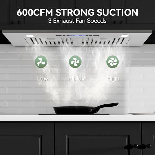 Image of Hermitlux 30″ Built-in /Insert Range Hood with Touch /Gesture /Remote Control | 600 CFM Stainless Steel Vent Hood with 3 Speed Ducted /Ductless Convertible, LED Light and Charcoal Filters