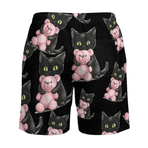 Black Cat Friend Teddy Bear Beach Shorts for Men Swim Trunks Quick Dry Swim Shorts with Compression Liner Pocket4