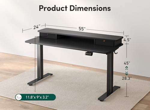Image of FEZIBO Height Adjustable Electric Standing Desk with Double Drawer, 140 * 60cm Stand Up Table with Storage Shelf, Sit Stand Desk with Splice Board, Black Frame /Black Top