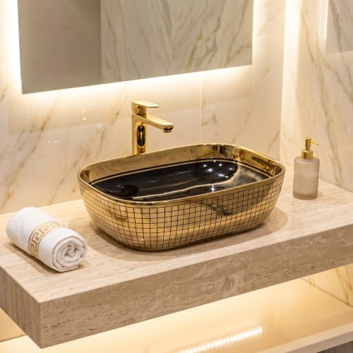 Image of InArt Luxury Tabletop Wash Basin, 455 x 325 x 135 mm, Glossy Black Ceramic Bowl with Multi-Tone Mosaic Gold Exterior, Countertop Bathroom Basin, Non-Overflow, Polished Gold Rim