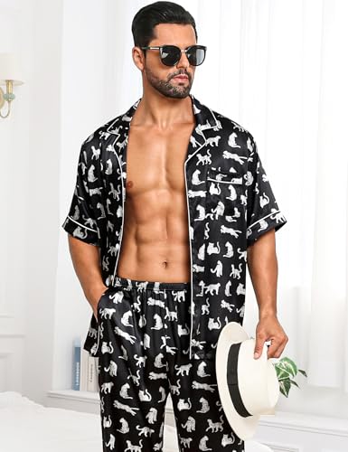 Image of SWOMOG Mens Satin Pajama Set Short Sleeve Classic Sleepwear Button Down Silky Loungewear with Long Pants