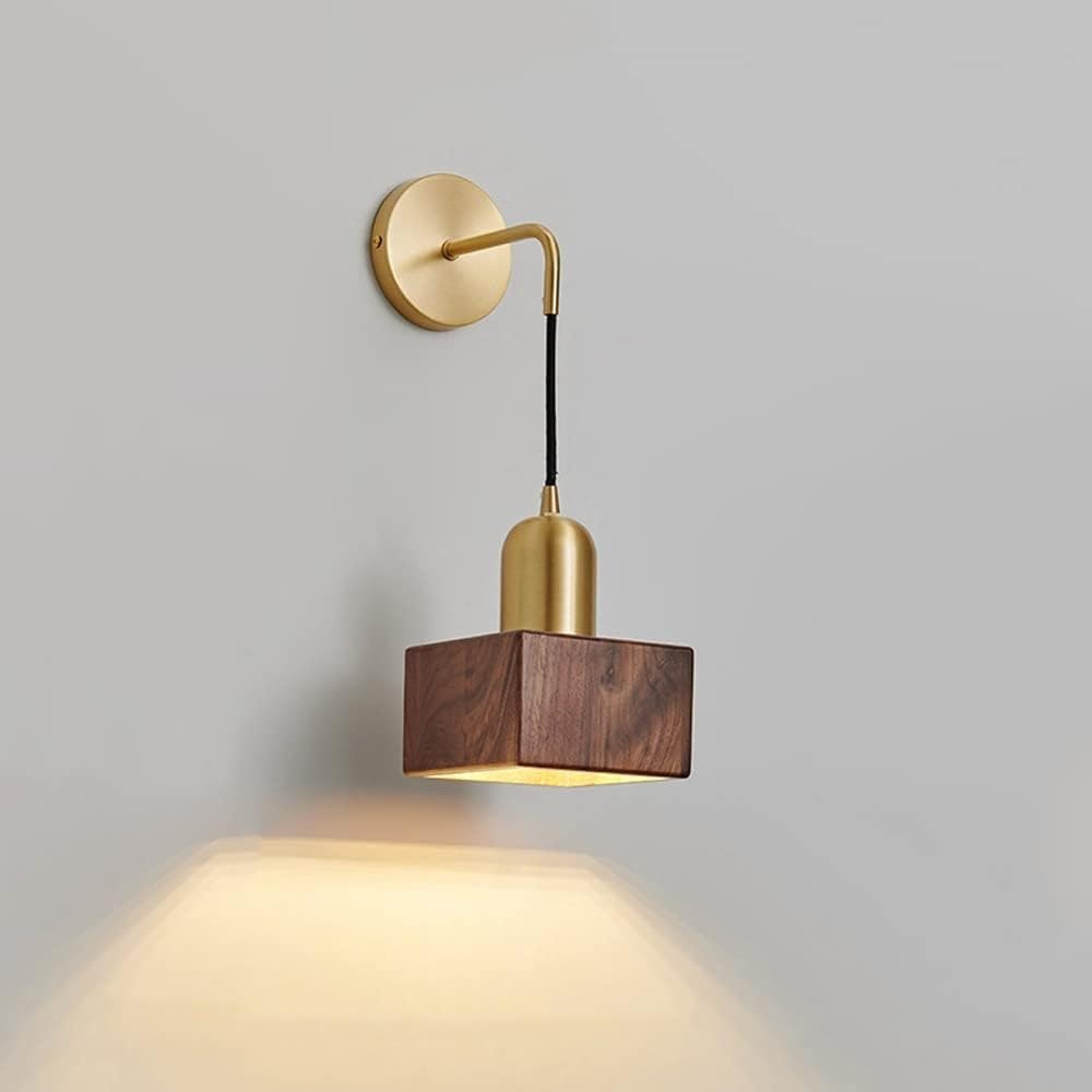 CWCQGH Wall Lamps Sconces Square Walnut Wall Mount Light Copper Wall Sconce Lamp, E27 Headboard Lighting Fixture, Living Room Bedroom Bedside Hallway Decor Brass Wall Mounted Lamps