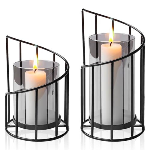 Leikurvo: Juego de 2 farolillos de metal negro con diseño geométrico moderno, portavelas de exterior e interior, decoración de velas, cristal gris oscuro, resistente al viento