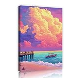 UIRINGART Arte mural de la tela Sunset Beach Escena del muelle Grandes y coloridas imágenes del océano Pintura estética de murales Impresiones para decoración del salón 40x60cm