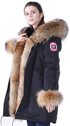 S.ROMZA Women's Winter Fur Parka Coat Large Real Raccoon Fur Trimmed Warm Faux Fur Lined Waterproof Jacket (L/10-12, Black & Khaki)