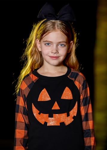 Image of BesserBay Girls Halloween Funny Plaid Graphic Shirt Long Sleeve Spooky Patchwork Raglan Top 5-14 Years