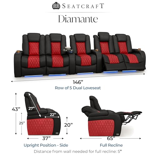 Image of Seatcraft Diamante Black /Red Italian Leather Home Theater Seating, Zero Gravity Power Recliner, Gaming and Home Office Chair, Powered Headrest Furniture for Cinema Room, Row of 5 Dual Loveseats