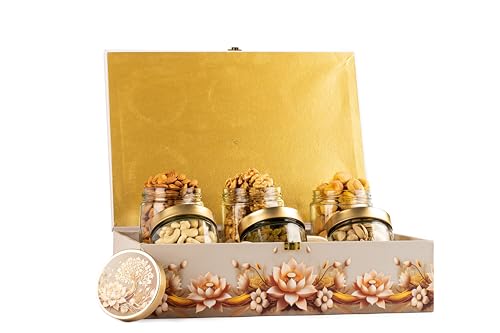 Image of Browntree Dry Fruit Gift Hamper - Elite-6P - 950g | Almonds, Cashews, Raisins, Pistachios, Walnut Kernels & Apricots | Premium Wooden Box with Glass Jars | Festive Luxury | Ideal gift box for all celebration| Corporate Gifts | Premium Dry Fruit Gift Hamper