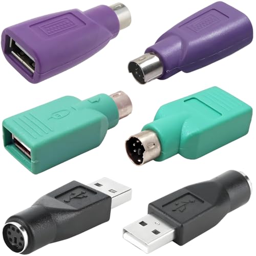 ZHUROUPU Pack de 2 adaptadores PS2 a USB de Repuesto para ratón y Teclado (Macho a Hembra), Pack de 2 convertidores PS2 Hembra a USB Macho sin Cable (Verde, Morado, Negro)