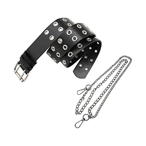 Double Rivet Grommets PU Leather Waist Belt with Detachable Metal 2-Layer Chain Punk Style Black 105x3.8cm for Men Women Cover