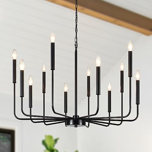 KOSTOMO 31'' Black Chandelier, 12-Light Modern Farmhouse Candle Chandelier for Dining Room, Metal Matte Black Hanging Light Fixture for Dining Table, Foyer, Entryway, Living Room, Kitchen