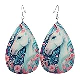 Pendientes de lágrima de cuero ligero, elegante diseño impreso de unicornio estilo corte papel, versátiles para el uso diario, simples y elegantes.