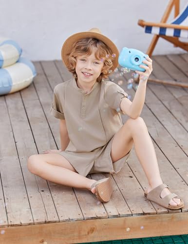 Image of Arshiner Boy's 2 Pieces Linen Sets Short Sleeve Henley Shirt and Shorts Summer Beach Matching Outfits 4-12 Years