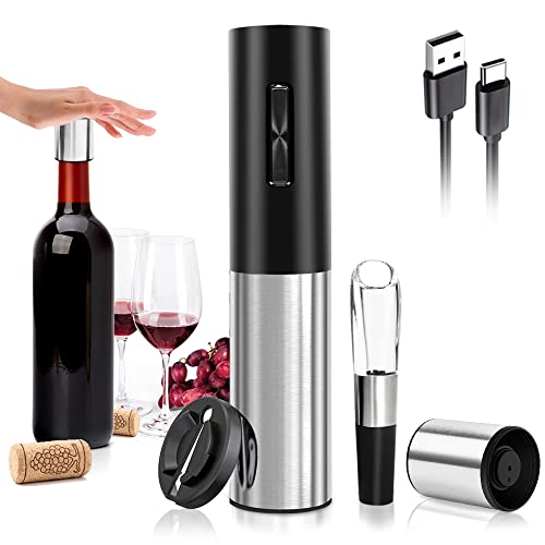 Wine Gift-Electric Wine Opener-Rocyis Wine Bottle Opener Set Rechargeable, Cordless Automatic Wine Corkscrew With Foil Cutter, Aerator Pourer And Vacuum Stopper, Stainless Steel (4 Piece) #TOP6