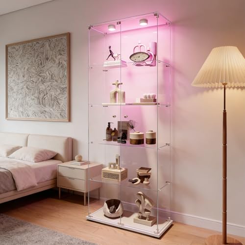 BRILVERDE Vitrina de cristal con luces LED, doble puerta con cerradura, armario vitrina para colecciones, libros, vino, oficina y sala de estar (5 estantes, LED blanco, 186 x 78 x 34 cm)