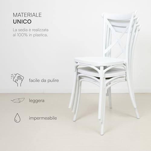 Baroni Home Set 4 Sedie In Plastica Bianca – Impilabili, Senza Montaggio, Facili Da Pulire, Con Gommini Antiscivolo, Per Cucina, Soggiorno, Sala Da Pranzo, Esterno 44X44X82 Cm, Schienale Intrecciato - 4