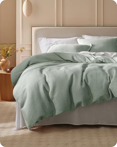 Image of Bedsure Cotton Duvet Cover King - 100% Cotton Waffle Weave Sage Green Duvet Cover King Size, PureWoven Breathable Bedding Set for All Season, 3 Pieces, 104 inchx90 inch