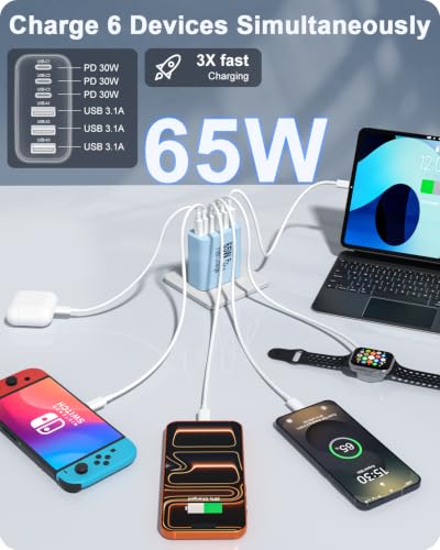 Image of 2-Pack 65W USB C Charger Block, 6-Port Fast Wall Charging Block [3 PD USB-C & 3 QC USB-A] for iPhone 17 16 15 Pro Max, iPad Pro, Galaxy S26 S25, Pixel 10 9, iWatch,Google & More