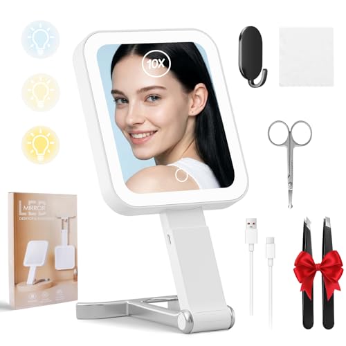 TAVADA Espejo Maquillaje con Luz,Maquillaje con Luz Portátil,Espejo de Maquillaje de Doble Cara,48 Leds 3 Modos de Colores y Brillo Ajustable,Portátil o Colgante,para Dormitorio,Tocador,Viajes