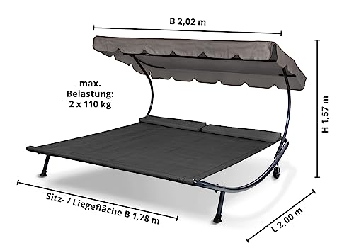 LECO Outdoor-Doppelliege Original – Sonnenliege, Gartenliege mit Sonnendach für zwei Personen wetterfest - Gestell anthrazit