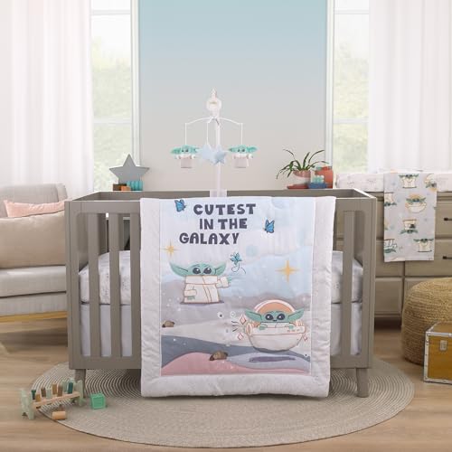 Image of NoJo Star Wars Grogu Cutest in The Galaxy Cream, Green, and White 3 Piece Nursery Crib Bedding Set - Comforter, Fitted Crib Sheet, and Crib Skirt