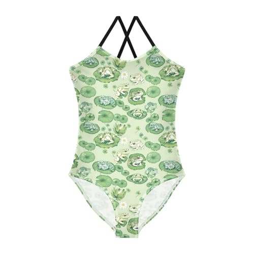 senya Girls Swimsuits One-Piece Swimwear Tie Bathing Suit Beach Summer Round Neck 5-6T Lotus Leaf Frog Pattern