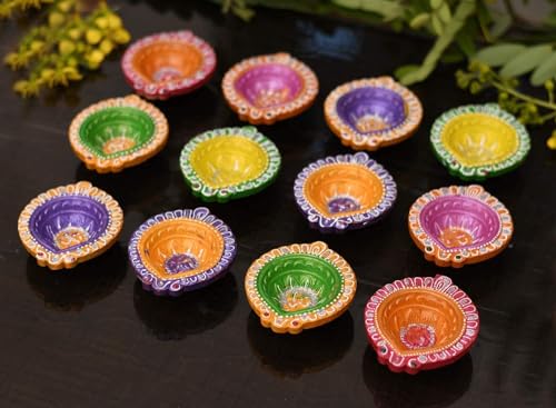 Image of CraftVatika 12 Pcs Diya for Puja, Clay Diyas for Home Decorations, Festive Decor, Natural Clay Diyas for Diwali, Decorative Handpainted Mitti Diya Diwali Decorations for Home