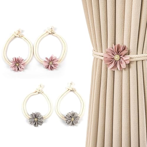 HASLED Sujetadores de Cortinas 4 Piezas - Lazos Ajustables sin Agujeros - Decoración Floral con Cuentas - Gris y Rosa - para Salón, Dormitorio, Jardín