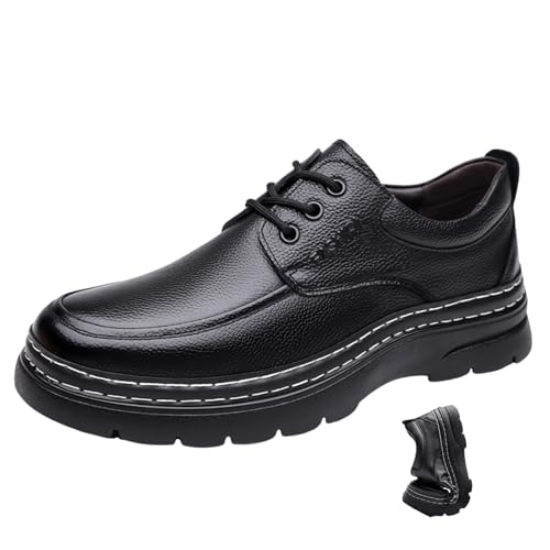 Men's Genuine Leather Platform Chunky Heel Oxfords Comfort Round Toe Lace Up Anti-Slip Lug Sole Business Formal Dress Shoes Classic Handmade Fur Lining Office Work Shoes