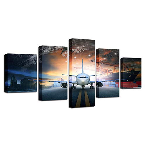 Impression sur toile avion d'atterrissage décoration murale grand format 5 pièces