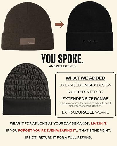 StillMade Padded Silk-Satin-Lined Beanie – Reduces Hat Head, Breakage, Frizz, Static & Scalp Irritation, All-Day Wear & Hair Friendly, Warm Acrylic