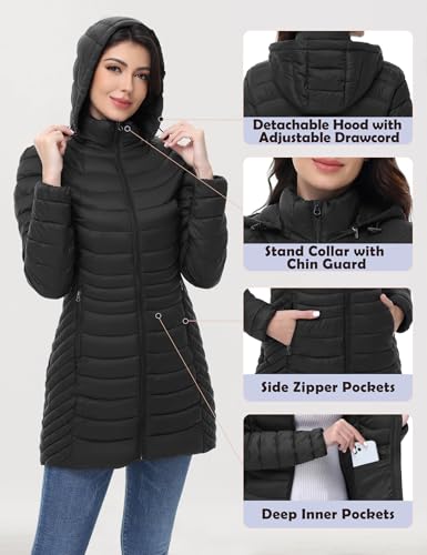 MIDNIGHTSUN Women’s Packable Puffer Jacket Lightweight Puffer Coat Mid-length Hooded Warm Winter Puffy Jacket4