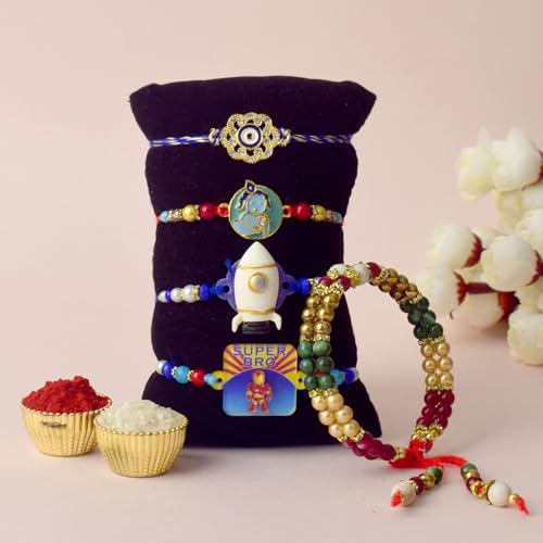 SATVIK 5 Pc Rakhi Family Combo 2 Bhaiya +1 Bhabhi Lumba + 2 rakhi for Brother Bhaiya Bhabhi Traditional Handmade Assorted Designer Rakhi with Puja Plate, Roli Chawal, Greeting Card & Sita-Ram Sticker2