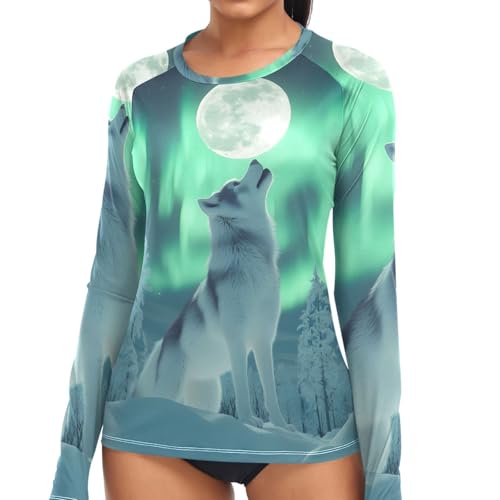 Women Rash Guard Swim Shirts UPF 50+ Long Sleeve Wolf Moon Aurora Galaxy Sun Protection Swim Shirts Swimsuit