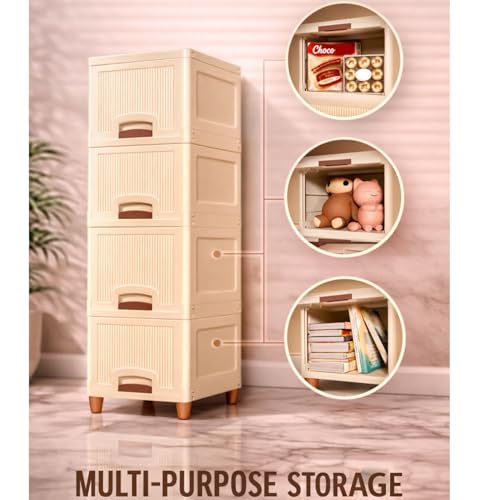Image of Modular Storage Organizer | Stackable Wardrobe Cabinet for Clothes, Kitchen & Home | Space Saving Foldable Storage Box | Heavy Duty Plastic Organizer Rack (4 Piece)