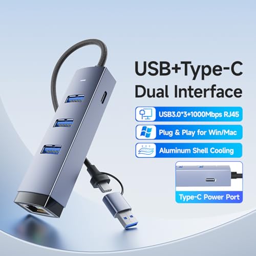 Image of 4-in-1 USB 3.0 Hub with Gigabit Ethernet Adapter, Space Gray Aluminum, 3 USB Ports, RJ45 LAN Port, Compatible with Windows, Mac OS, 1000Mbps Network Speed