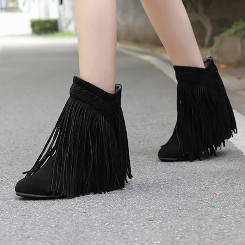 Alyaafifa Fringe Boots for Women Chunky Block Wedge Heel Wide Calf Ankle Booties Closed Toe Pull On V-Cut Short Boots with Tassels Dressy Trendy Comfortable3