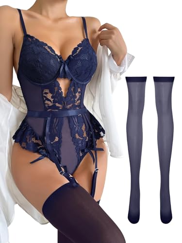 Image of Lilosy Sexy Stocking Lace Mesh Bodysuit Top Underwire Garter Lingerie Set 3 Piece