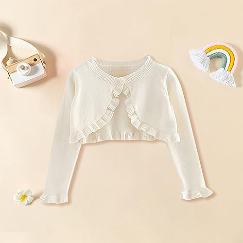 Kids Girls Ruffled Knitted Sweater Cardigan Solid Color Single Button Long Sleeve Sweatshirt Casual (White, 4-5 Years)3