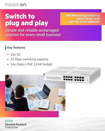 Image of HPE Networking Instant On Switch Series 1430 16-Port Gb Unmanaged Layer 2 Ethernet Switch with PoE | 16x 1G | 16x CL4 PoE (124W) | Fan-Less | US Cord (R8R48A#ABA)