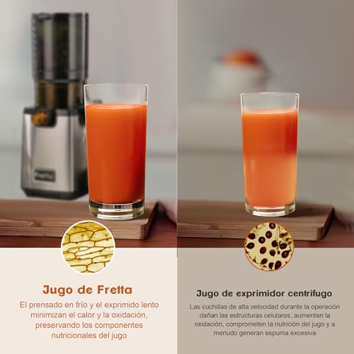 Exprimidor masticable lento fretta, tanque de alimentación grande de 135 mm, adecuado para frutas y verduras enteras, exprimidor automático fácil de limpiar, sin bpa, 250 vatios, acero inoxidable - imagen 5