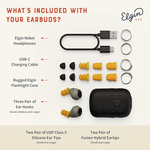 Elgin Rebel True Wireless Earbuds, 31 dB Noise Reduction Bluetooth Headphone, Noise Isolating Mic, 12+ Hour Battery Life, IP65 Water Resistant, OSHA Compliant Hearing Protection for Work